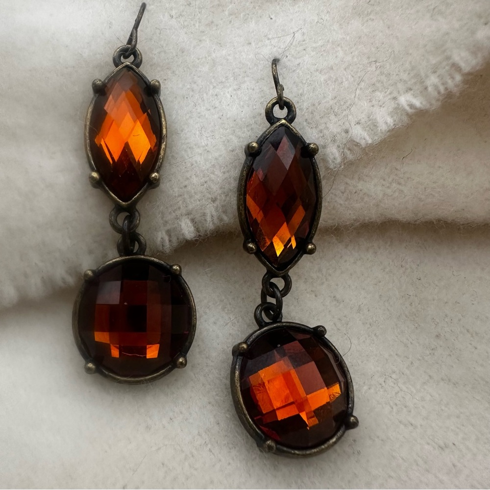 Premier Designs Vintage Orange Amber Drop Earrings with Antique Setting